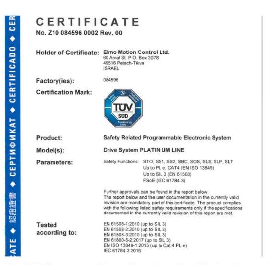 Сервоприводы Elmo Platinum, имеющие архитектуру с резервированием, достигли высочайшего уровня функциональной безопасности - IEC 61508:2010 SIL 3 и ISO 13849 Cat.4 PI e - сертифицированы TÜV.